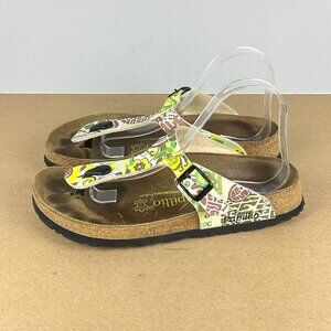 Birkenstock Papillio Gizeh Floral Print Toe Post Sandals Womens 9 Yellow Green